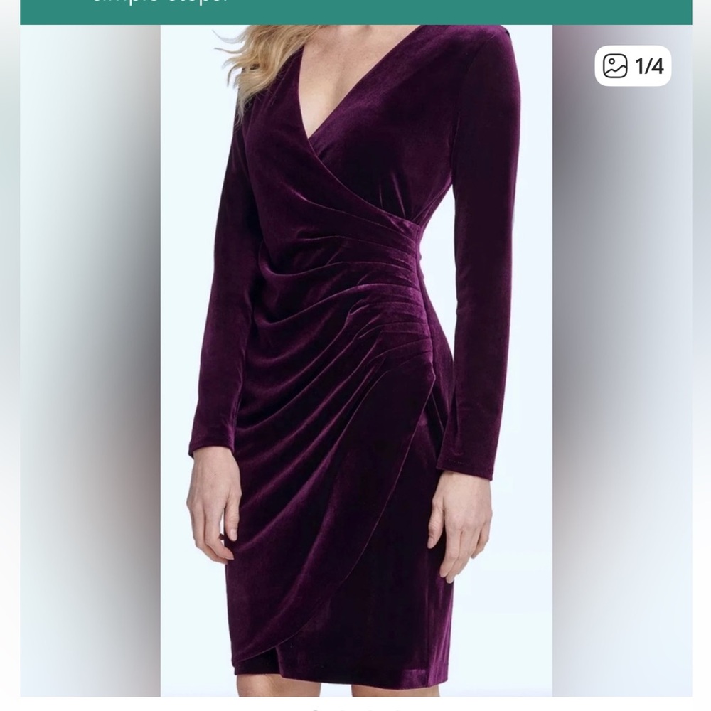 DKNY Velvet V-Neck Side-Pleated Long sleeve Dress deep plum purple 4 NWT
